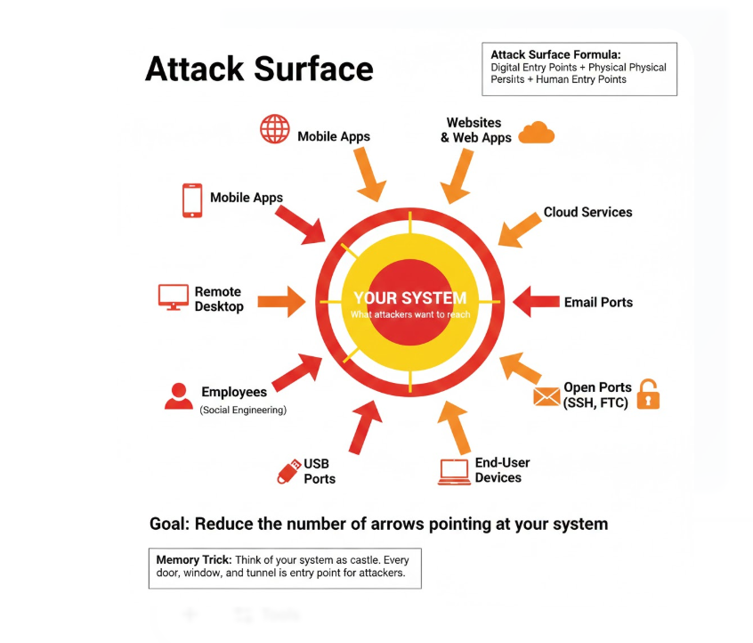 Attack Surface Visualization showing mobile apps, remote desktops, and employee accounts as arrows pointing toward the central system